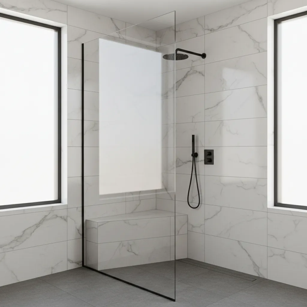 Triangular corner shower bench in compact bathroom design