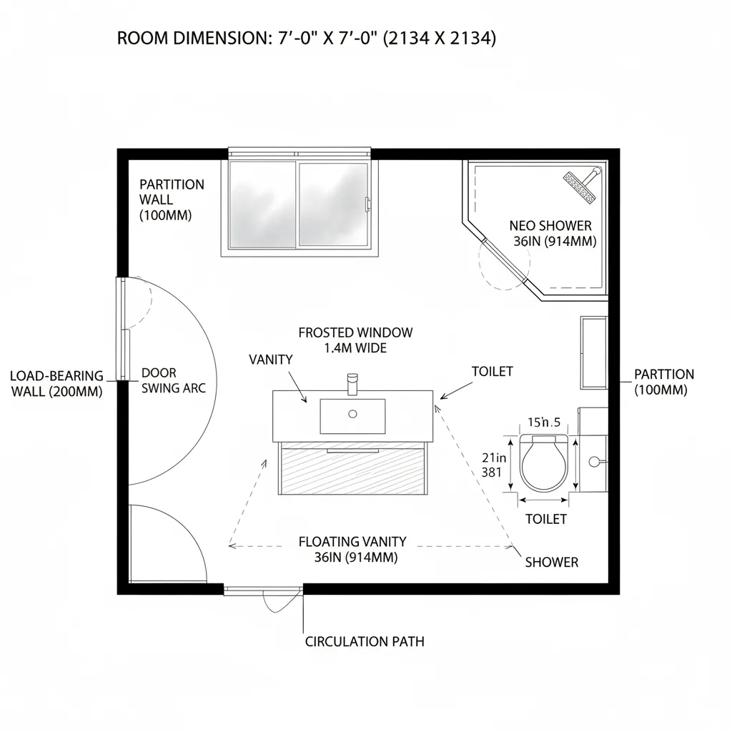Bathroom floor plan showing corner shower toilet center sink cabinet frosted window and door layout