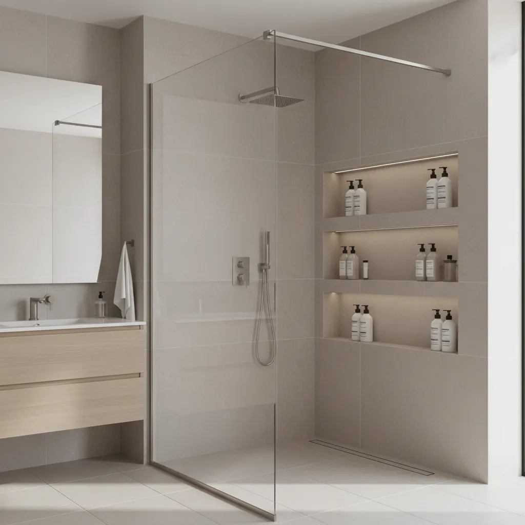 Bathroom shower corner showing optimal shelf placement away from the showerhead