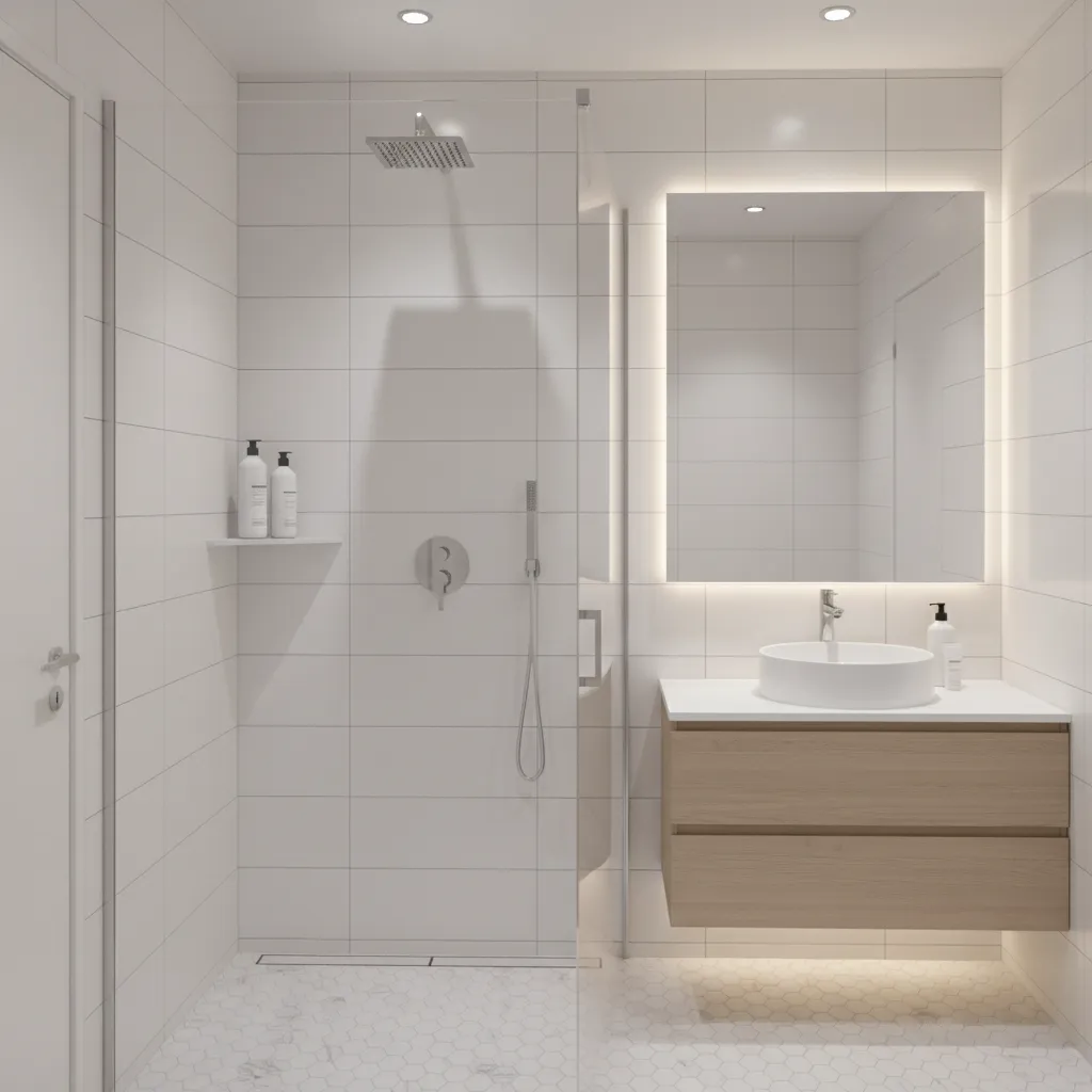 small shower with triangular corner shelf storage