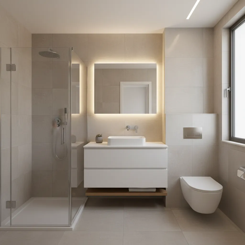 Ducha en esquina con mampara de vidrio en baño pequeño