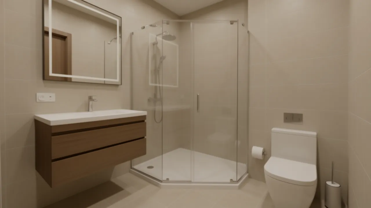 corner glass shower in a small modern bathroom maximizing floor space