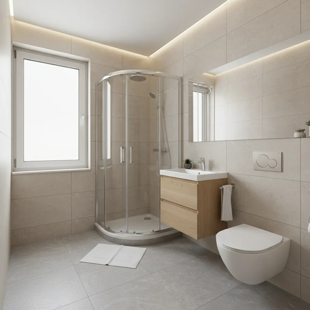small bathroom with corner shower curved glass enclosure compact vanity and toilet