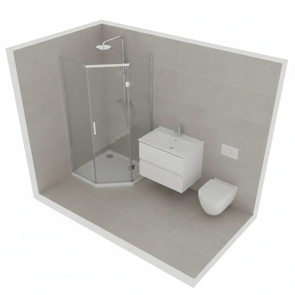 Interior design drawing showing a small bathroom layout with corner glass shower sink and toilet