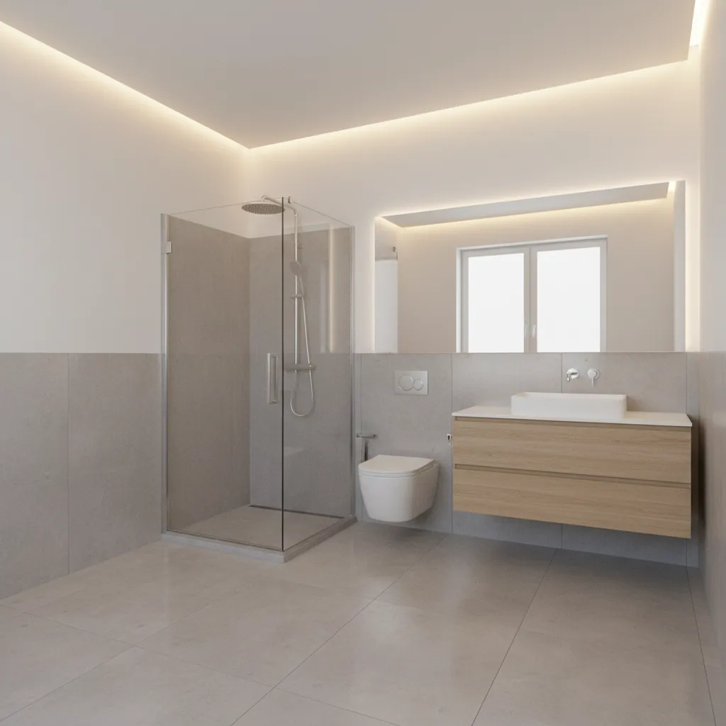 8x10 bathroom with corner shower and clear circulation space
