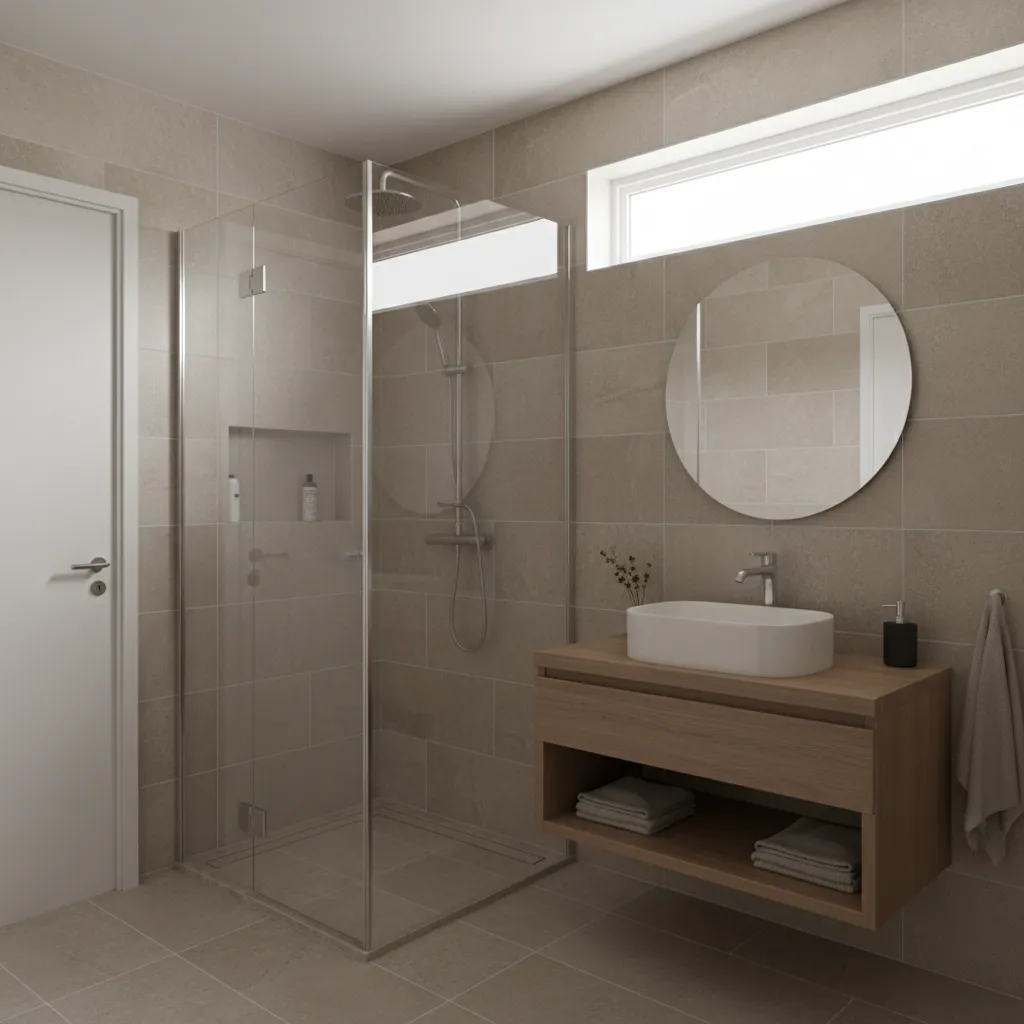 small bungalow bathroom with corner shower layout solution