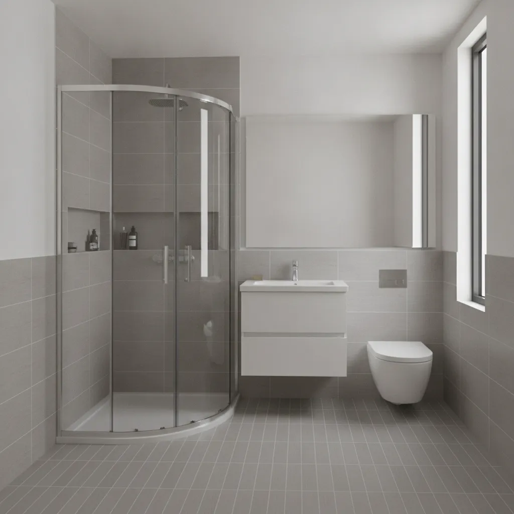 Compact bathroom layout with corner glass shower enclosure