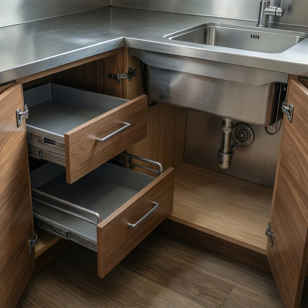 Pull-out organizer system installed in corner sink cabinet
