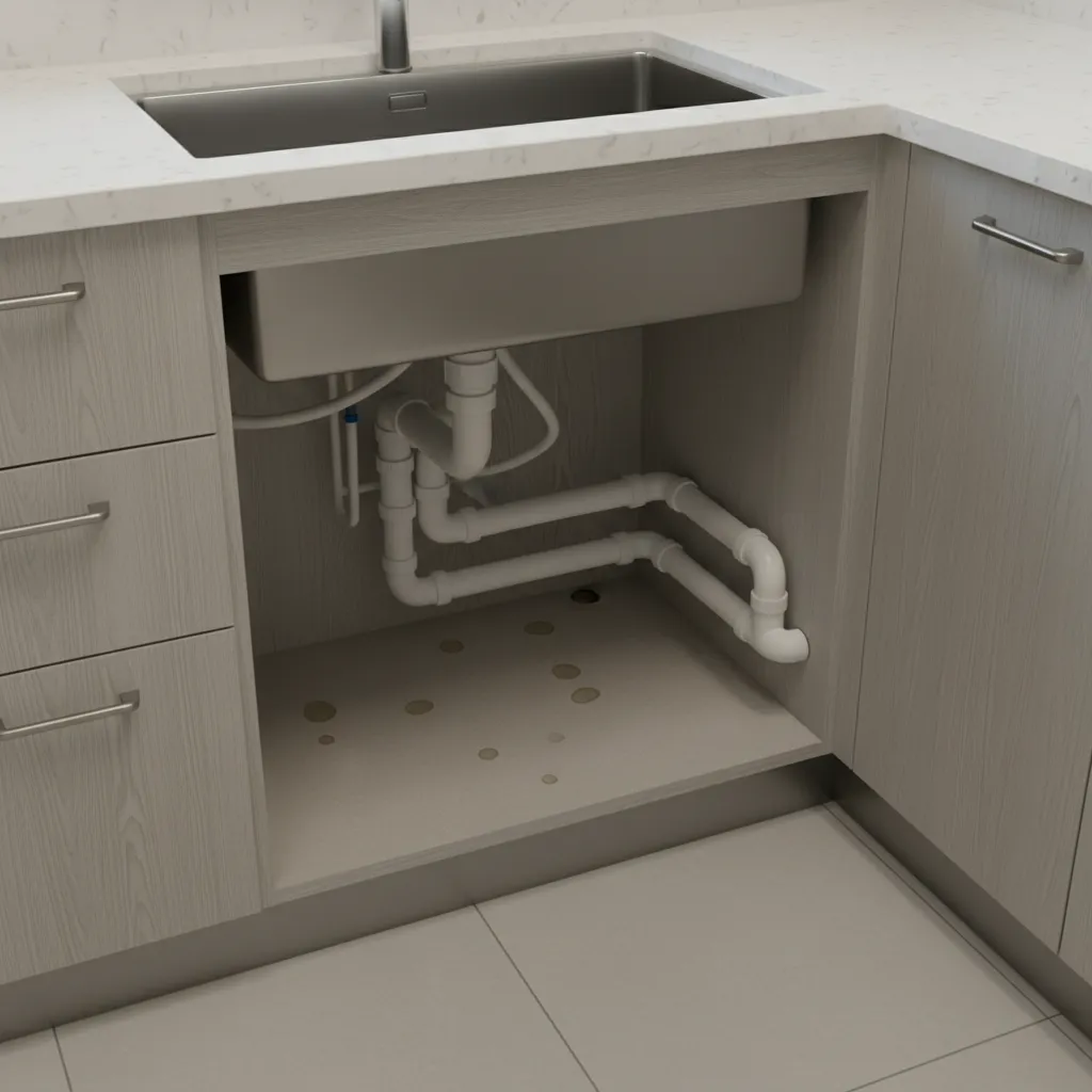 Open corner kitchen sink cabinet showing plumbing and storage zones