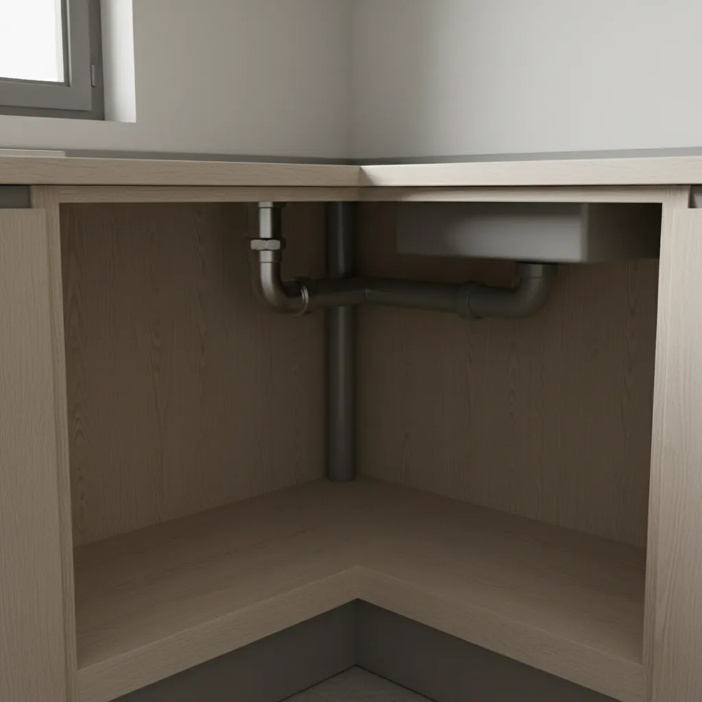 Interior of a corner kitchen sink cabinet showing plumbing and storage space