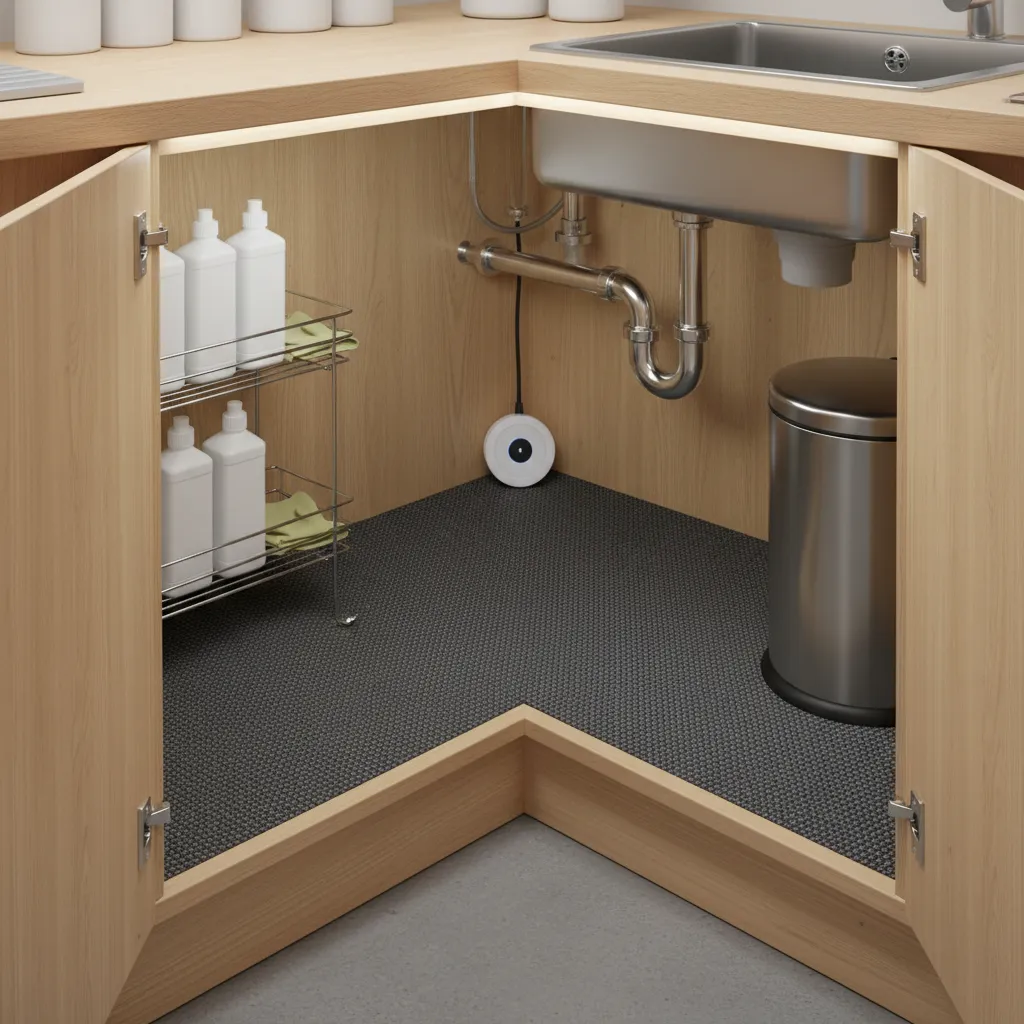 Under sink cabinet with waterproof liner and leak sensor installed