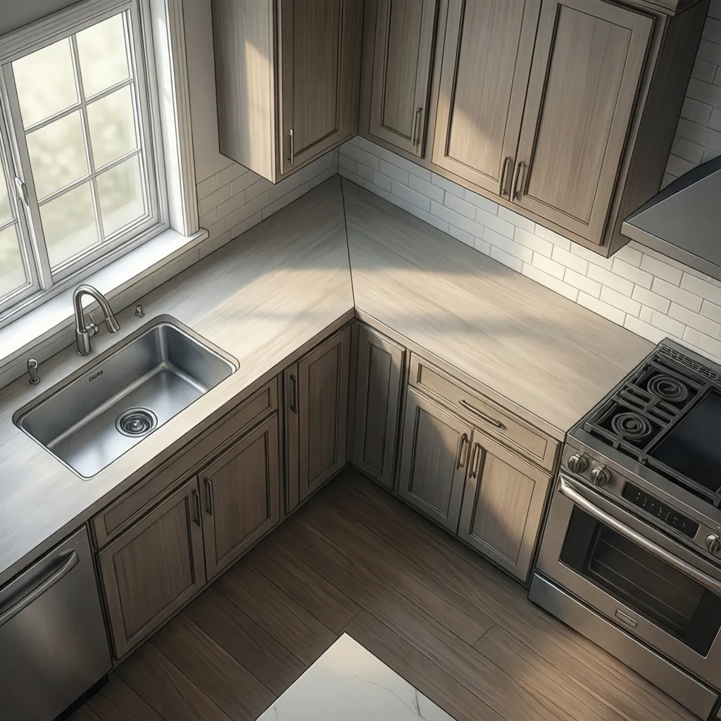 kitchen corner sink with diagonal cabinet base layout