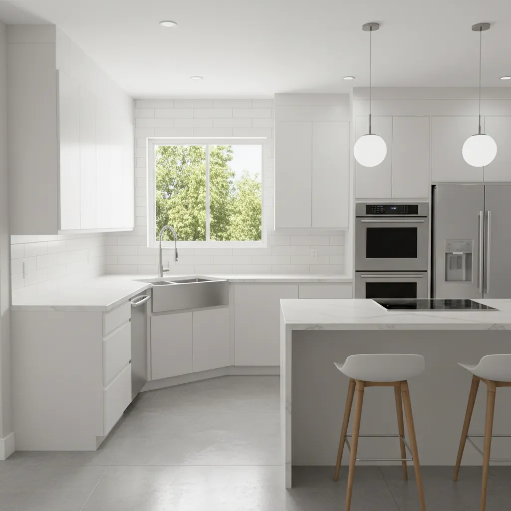 modern kitchen with corner sink cabinet layout overview