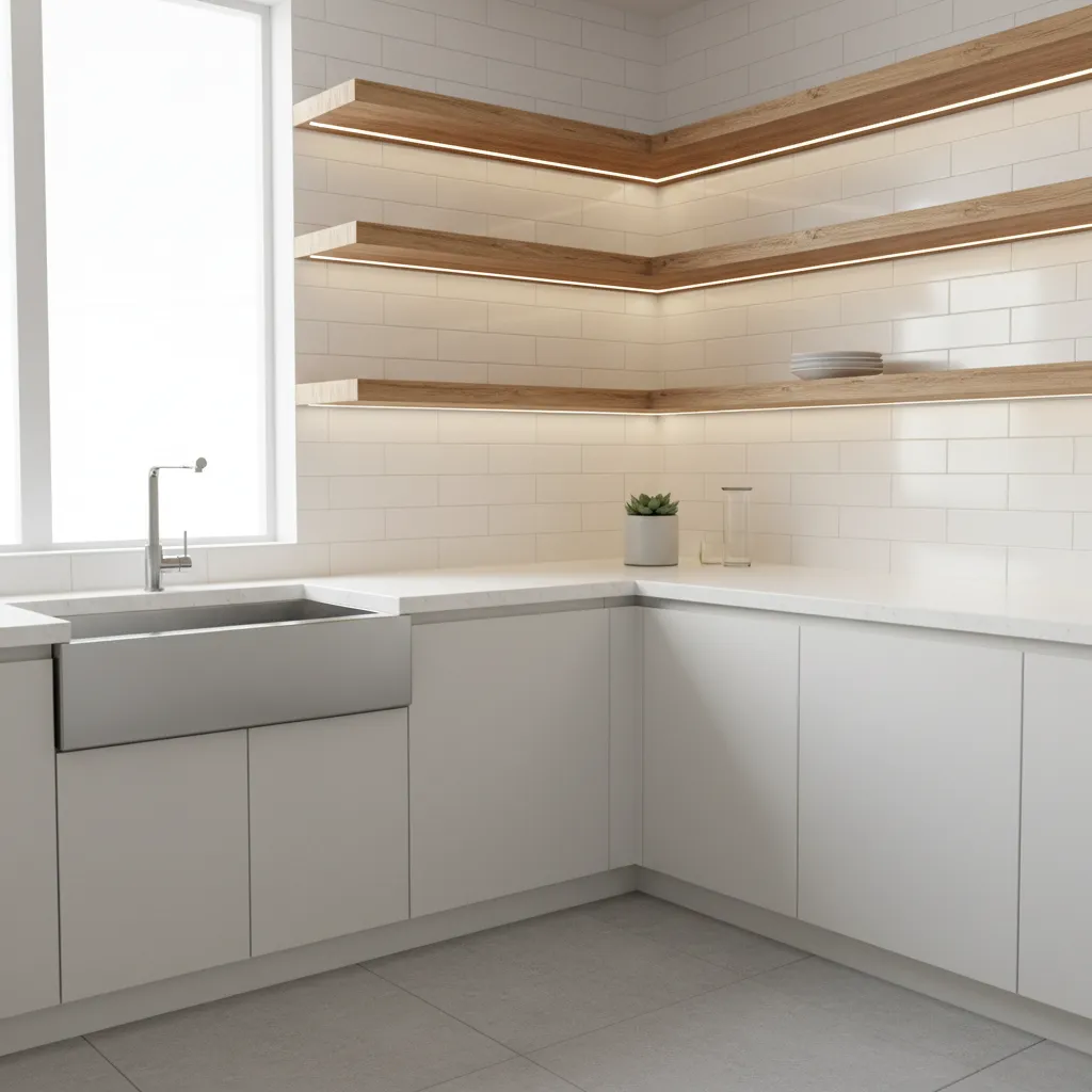 corner sink kitchen with open shelves and under cabinet lighting