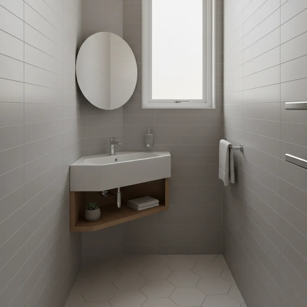Corner sink installed in a very small bathroom to maximize space