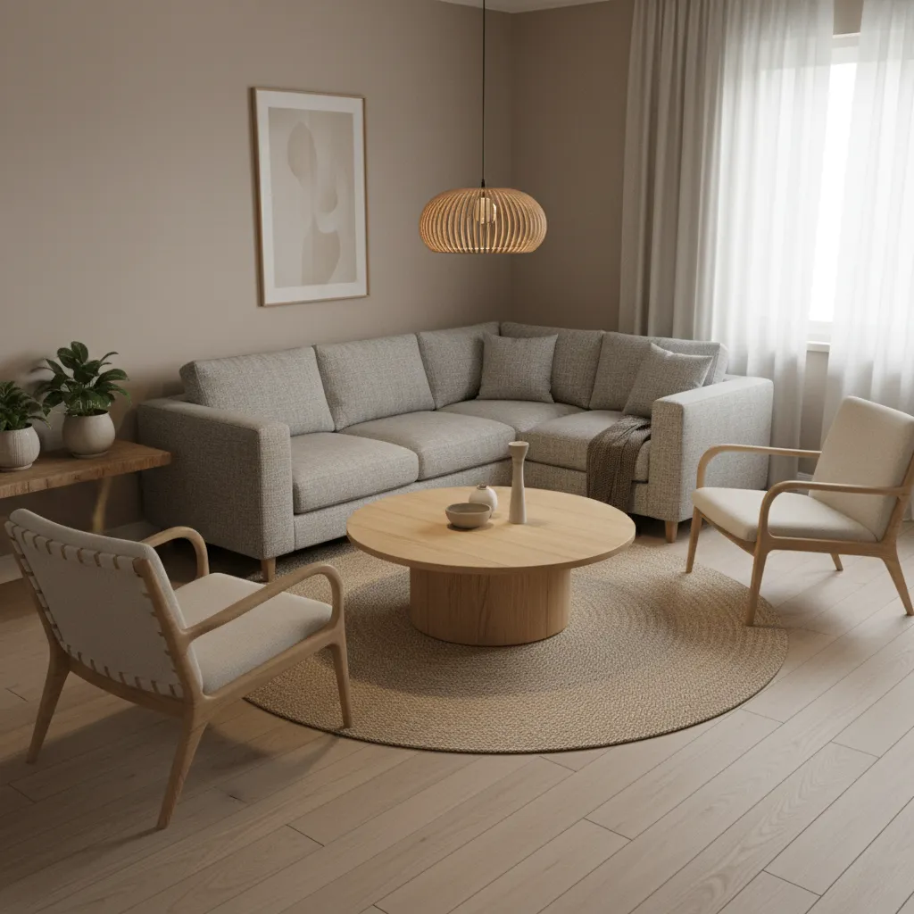 Corner sofa with angled chairs layout in compact living room