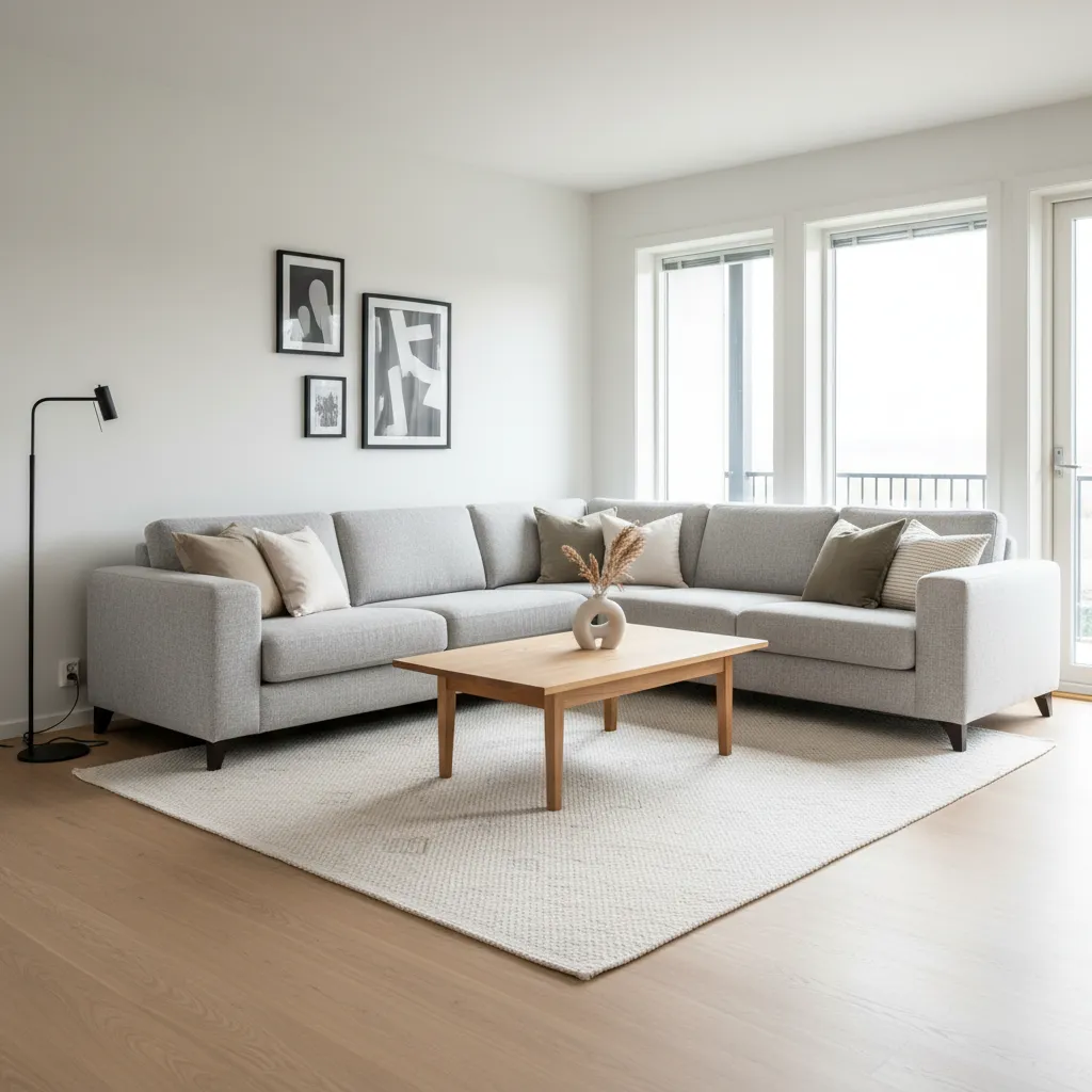 Modern living room with L-shaped corner sofa and large rug