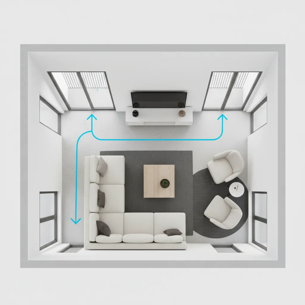 Living room floor layout showing corner sofa placement