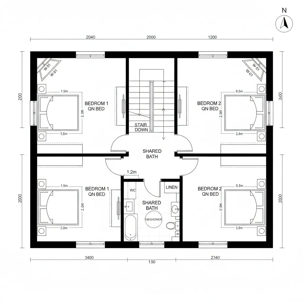Corner Stack: Two Beds + Shared Bath + Linen Spine