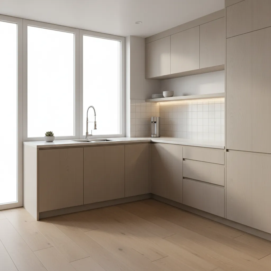 Corner stainless steel sink configuration in an L-shaped small kitchen