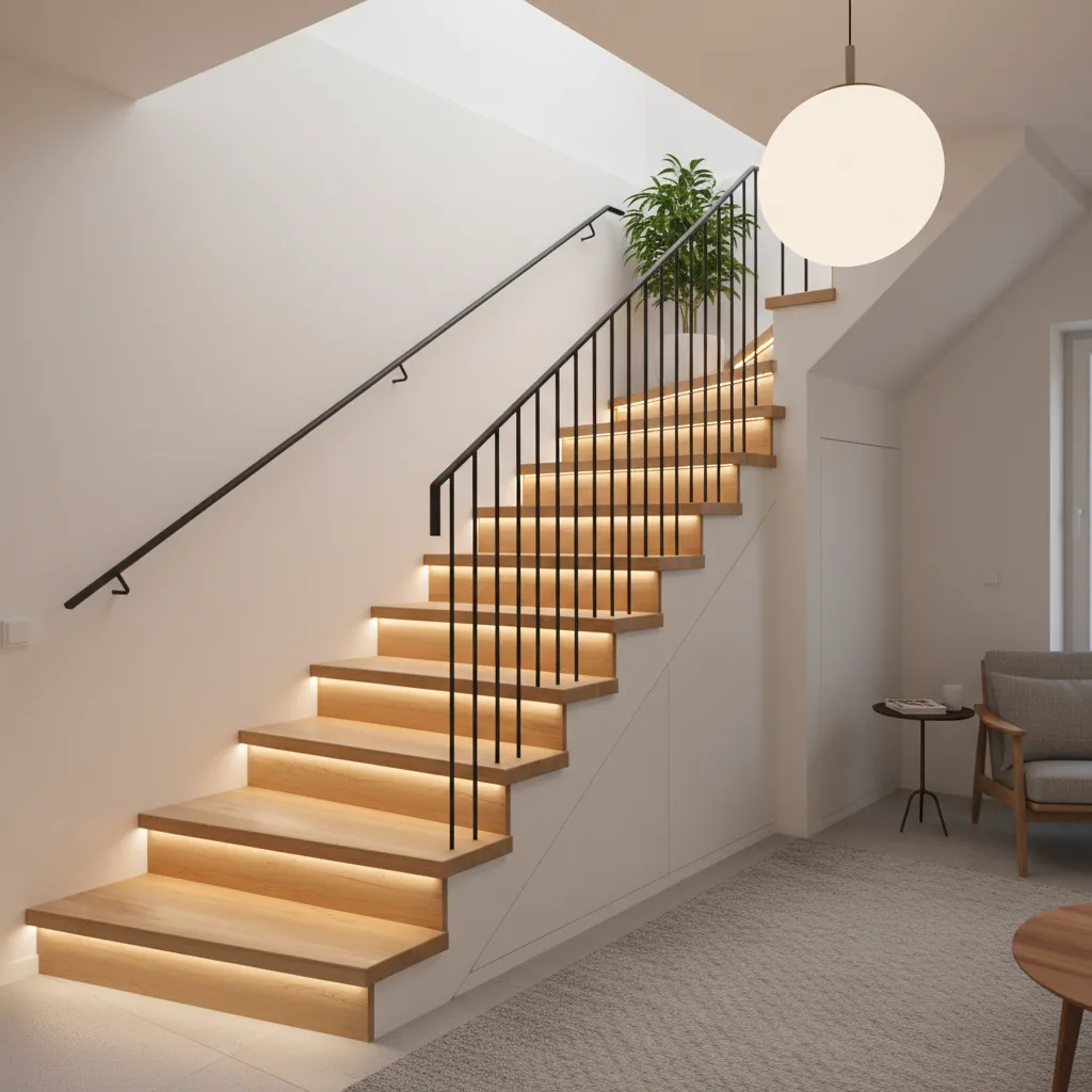 Modern wooden staircase with warm step lighting black metal handrail white walls and ceiling light