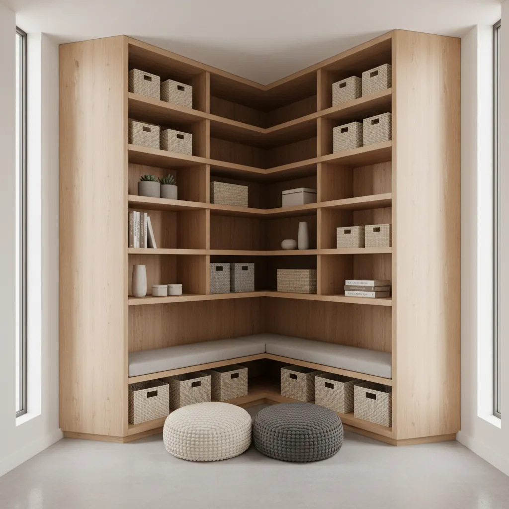 custom corner shelving and alcove storage in an irregular room