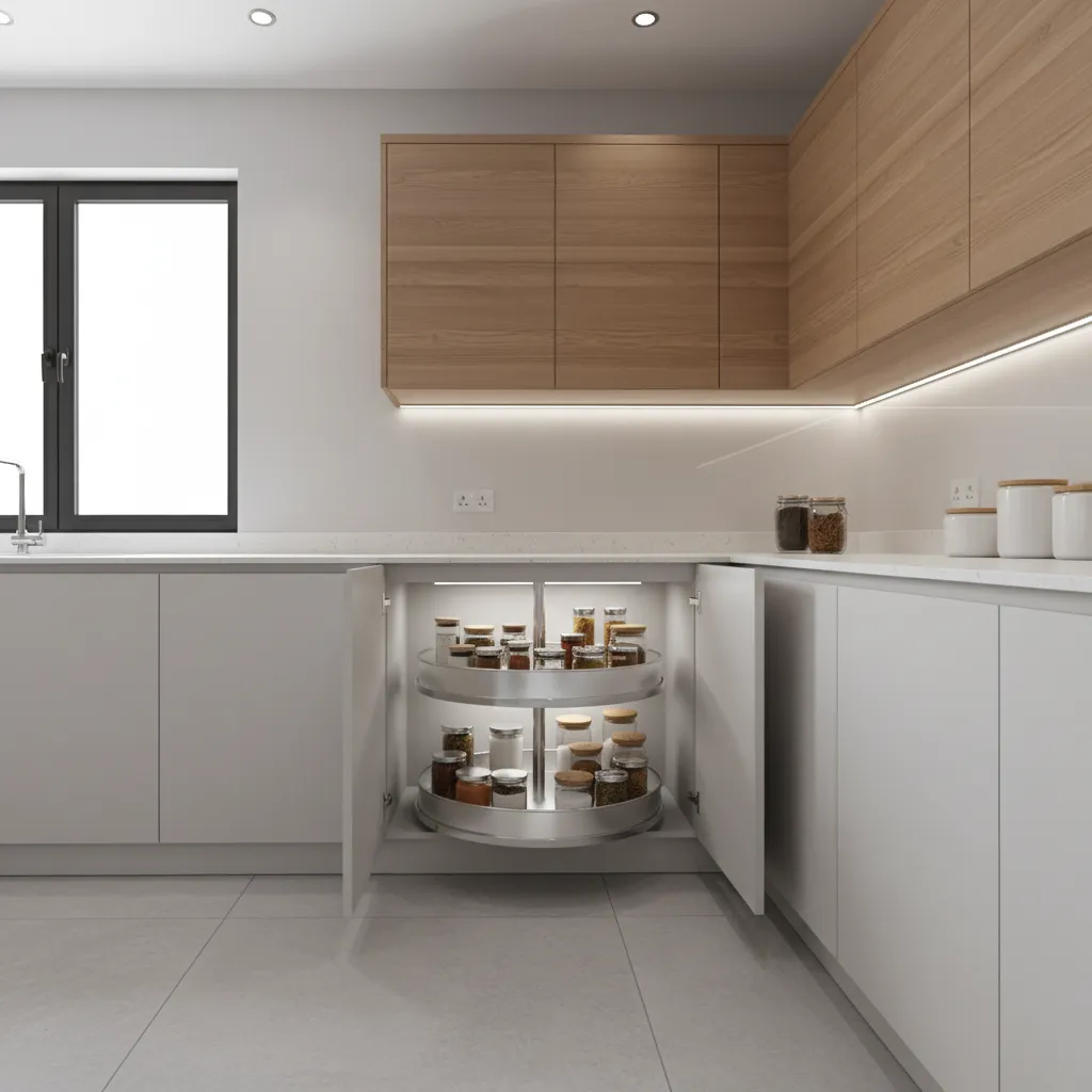 Corner carousel storage system in small L shaped modular kitchen