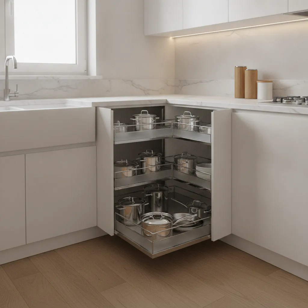 Corner cabinet with pull out storage system
