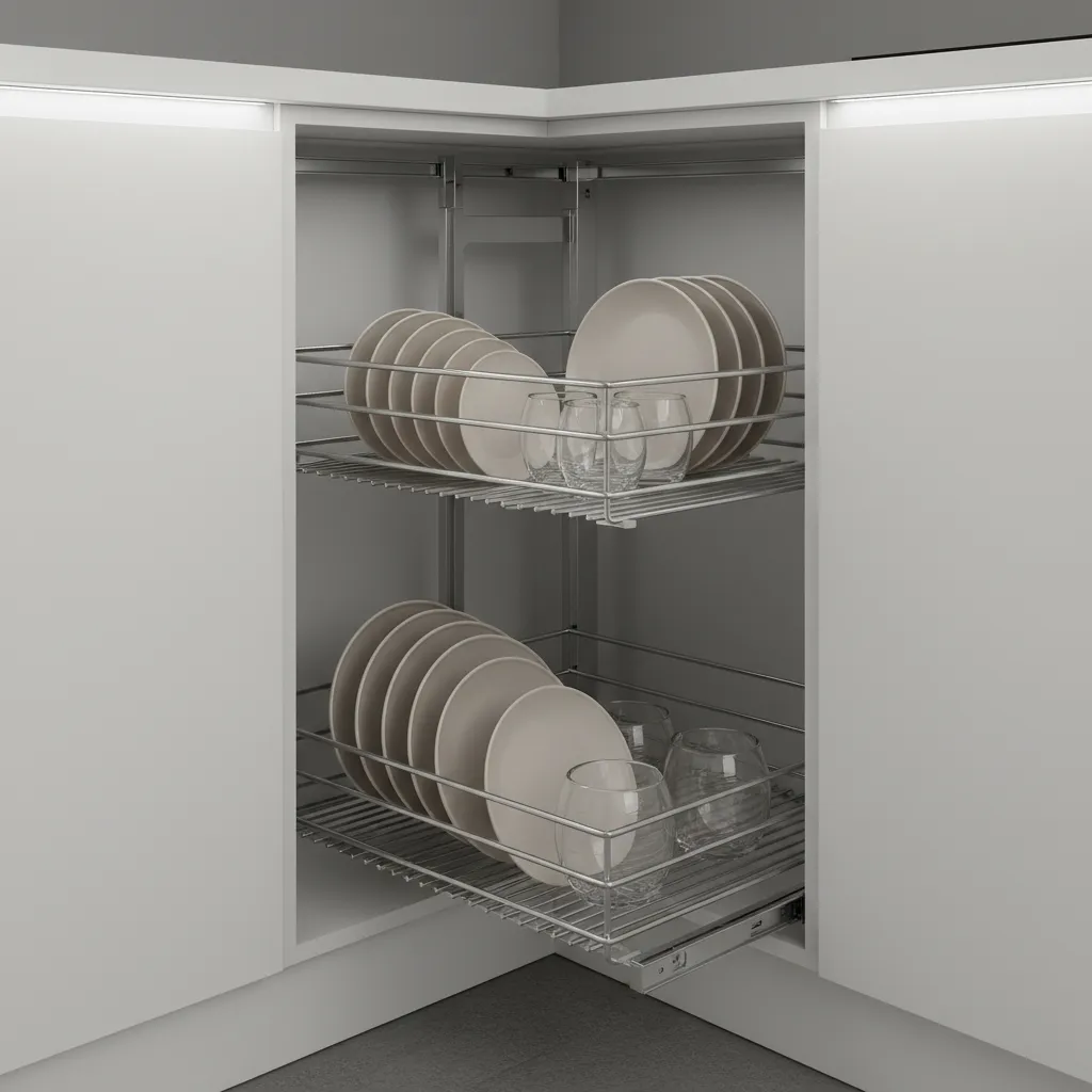 corner pull out storage system in small L shaped modular kitchen