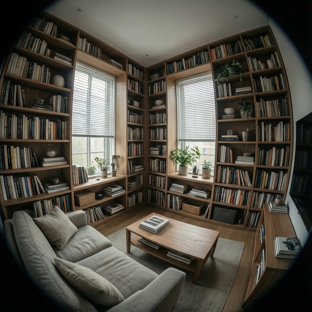 Corner shelving and vertical storage in a small L-shaped living room