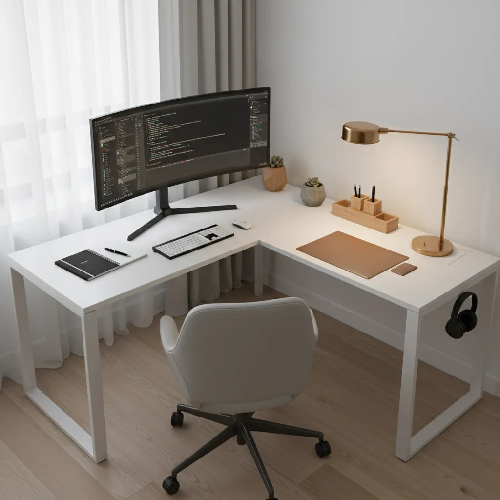 corner desk productivity layout with monitor and writing area