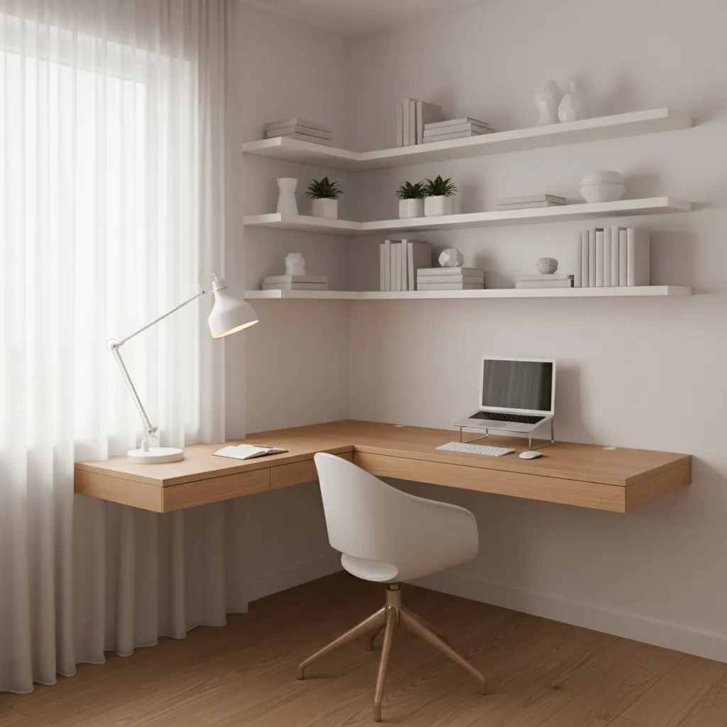 corner study desk setup with wall shelves and task lighting