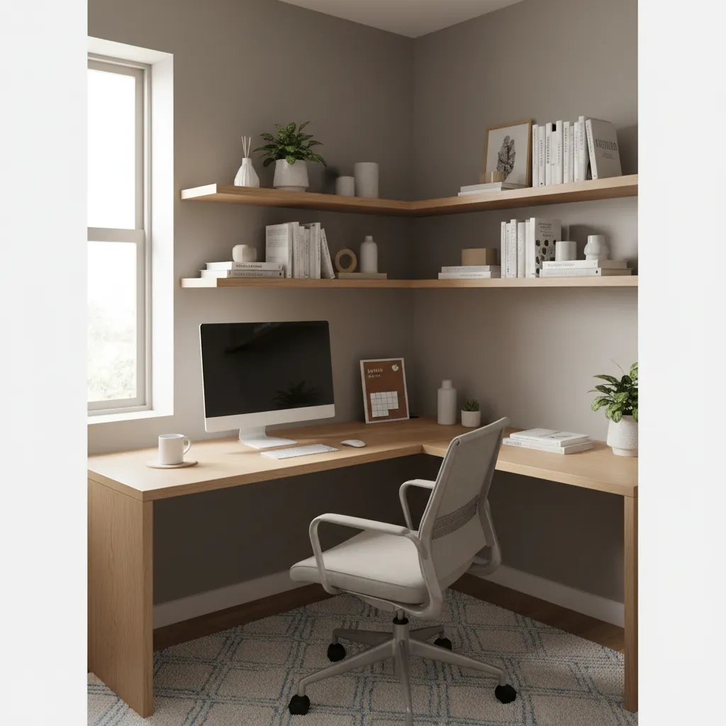 Corner desk layout in a small study room with wall shelves