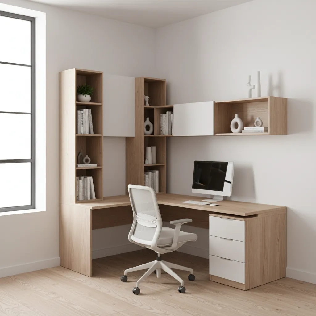 corner desk layout maximizing vertical storage in a small room