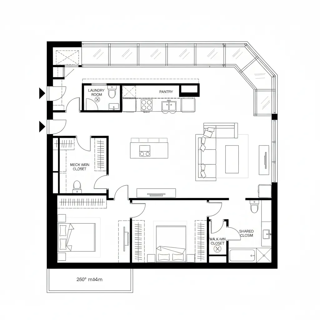 Top-down CAD plan of a corner living suite with a back-of-house service spine