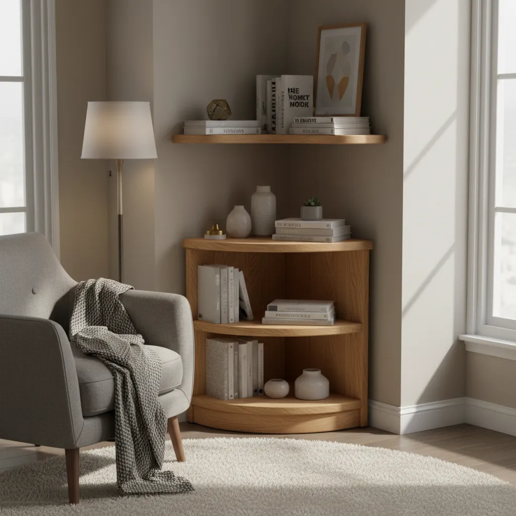 corner table with shelves providing storage in living room