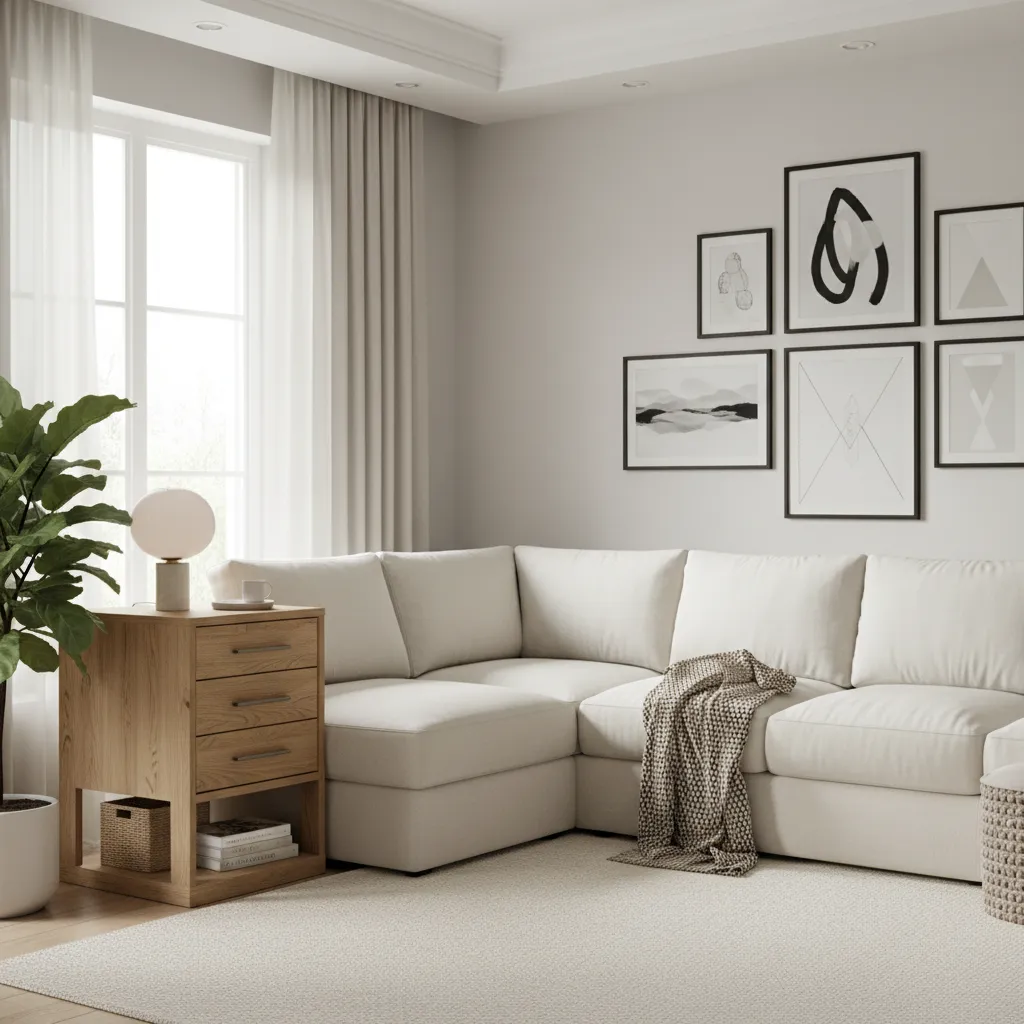Corner table with drawer storage beside sofa in family living room