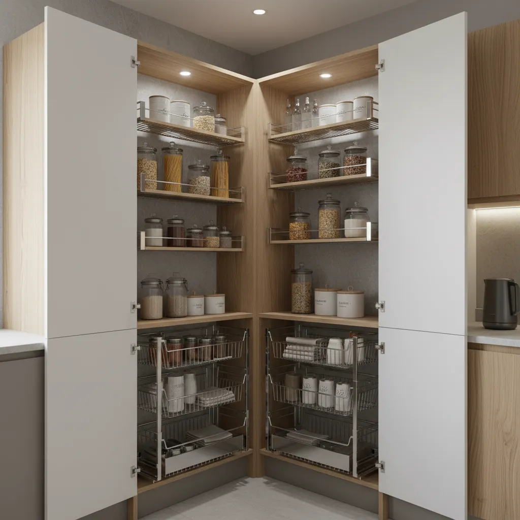 inside view of corner tall cabinet with multiple storage accessories