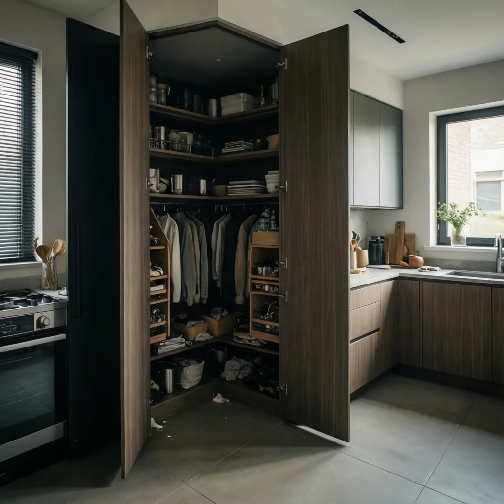 modern kitchen with a corner tall pantry cabinet opened to show interior storage