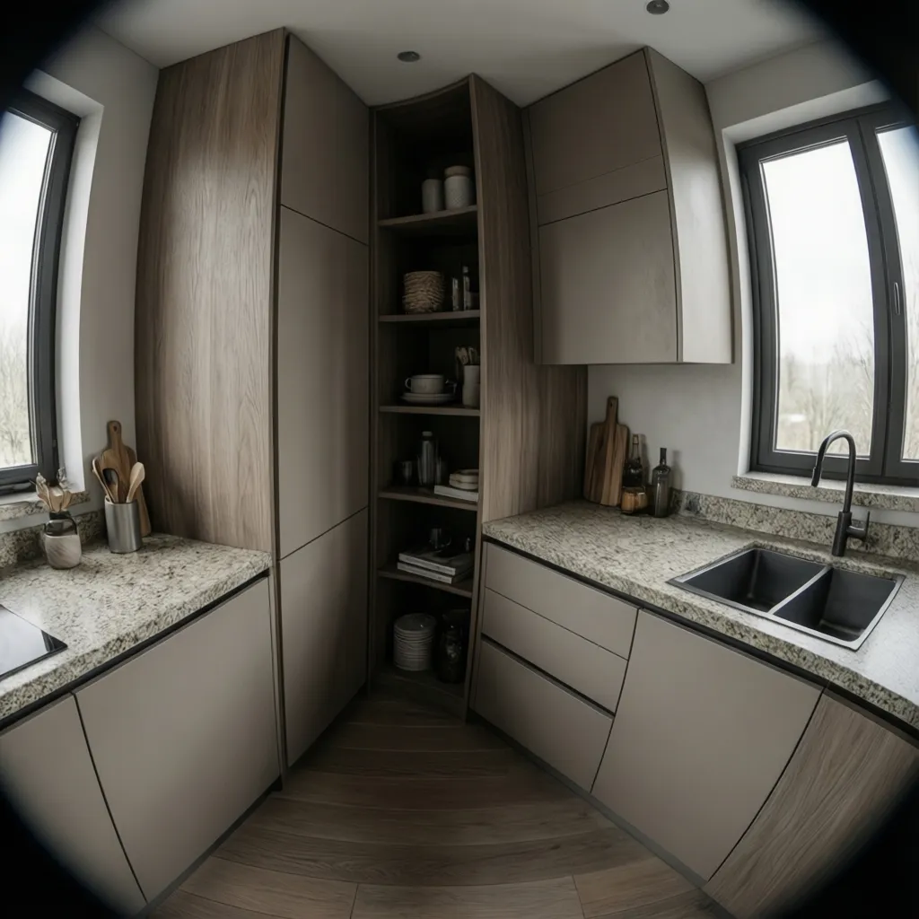 Corner tall cabinet used as pantry storage in a modern modular kitchen