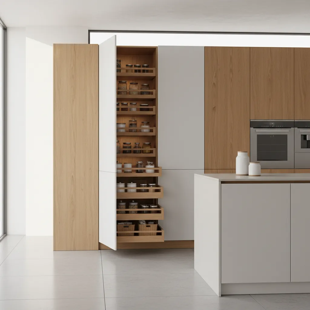 Tall corner pantry cabinet with pull-out storage shelves in modern kitchen
