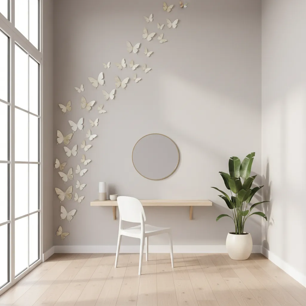 butterfly stickers flying from wall corner toward ceiling
