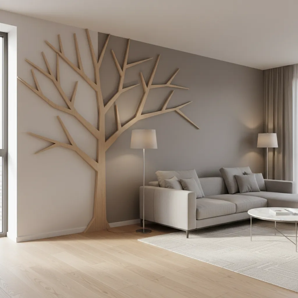 Corner wall tree decor layout design in a small living room