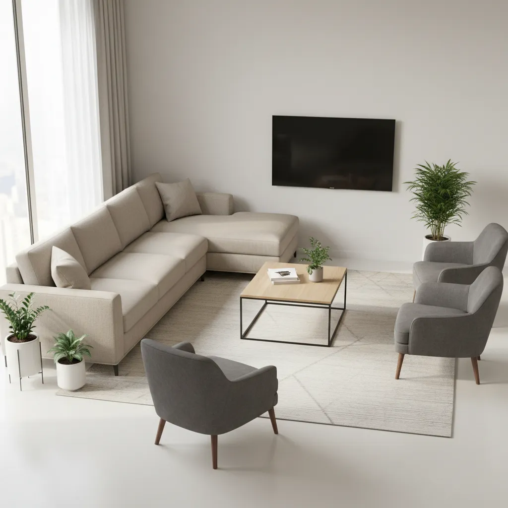Living room seating angled toward a corner TV setup