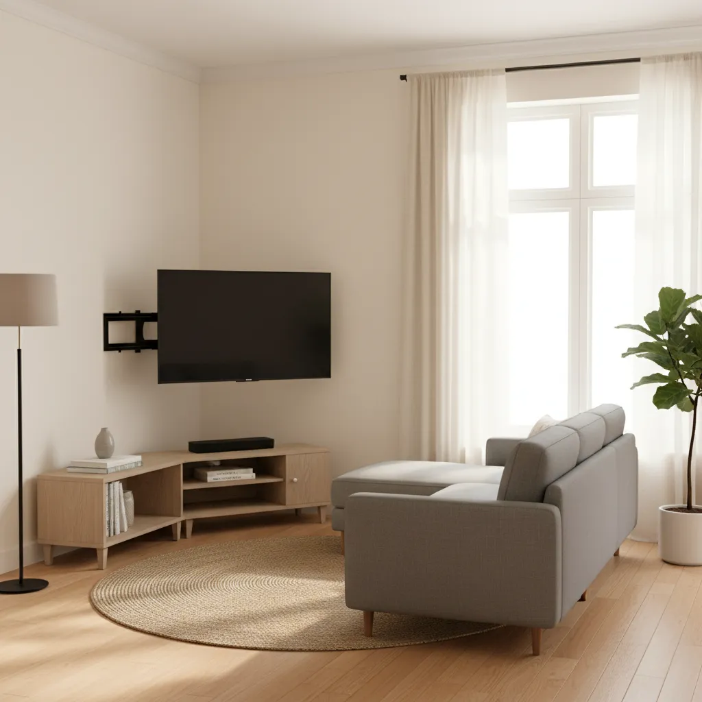 Corner mounted television layout in a compact living room
