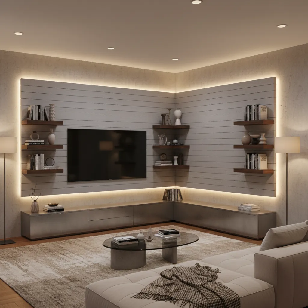 Corner TV panel wall with backlighting and built in shelves