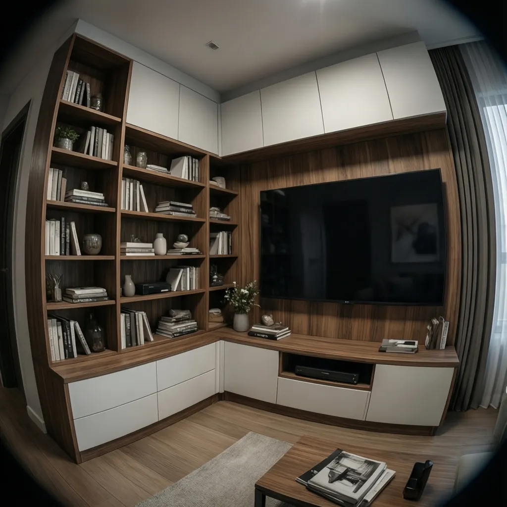 Living room layout showing L-shaped corner TV showcase with shelving