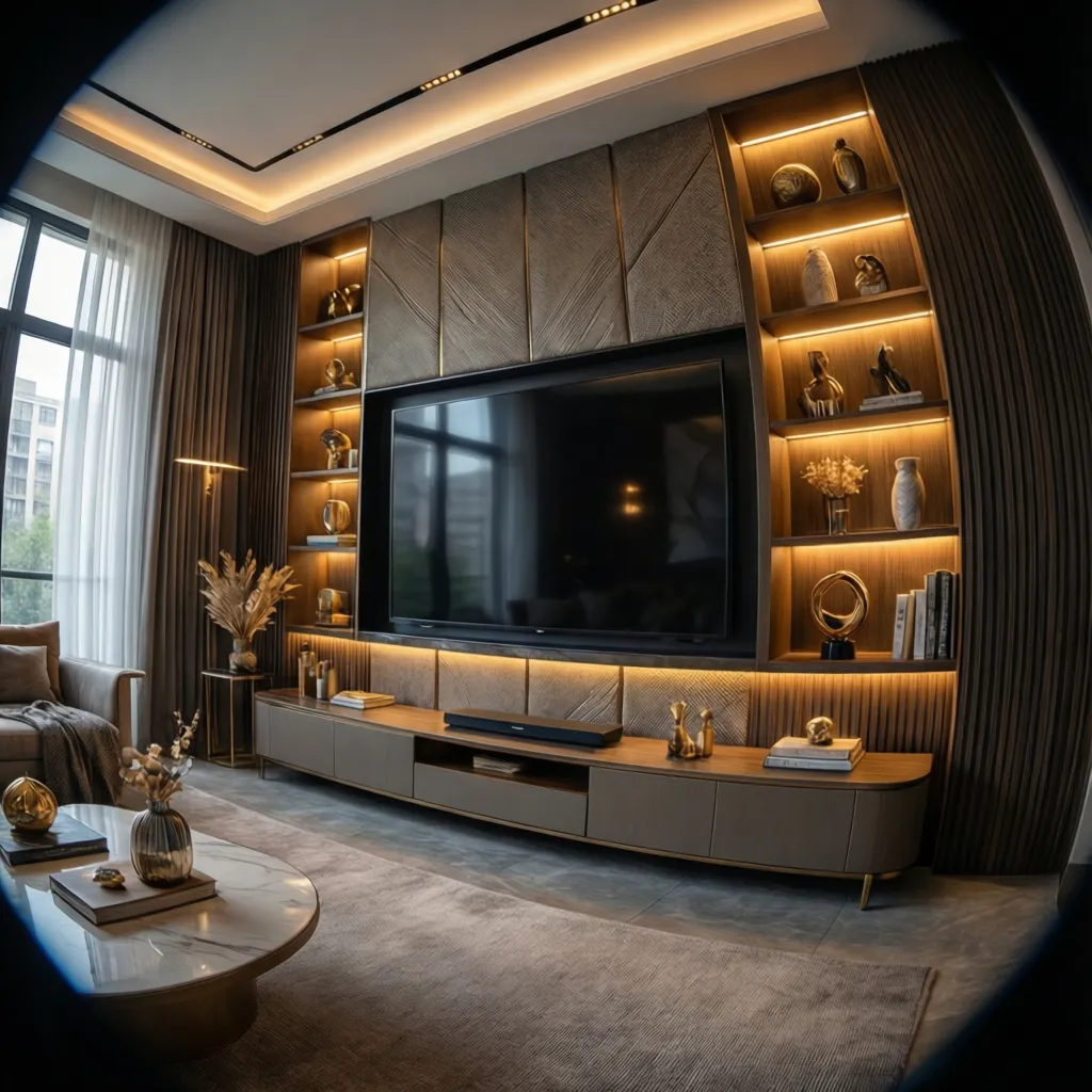 corner TV showcase shelves with warm LED lighting