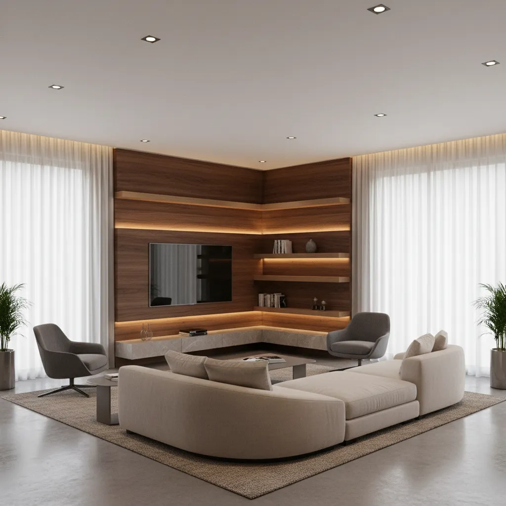 Elegant corner TV showcase with backlit shelves and wooden panels