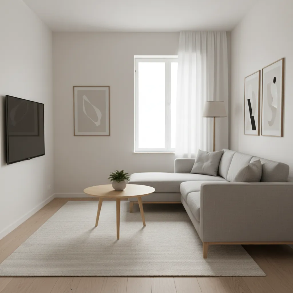 corner TV placement in a compact living room layout